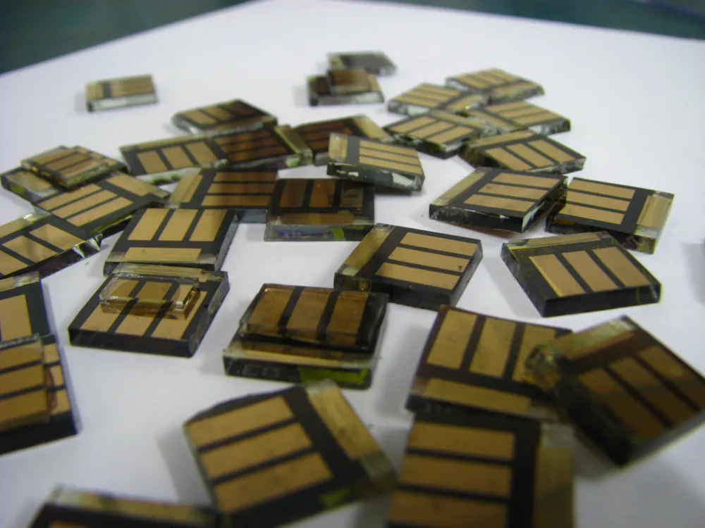 Small experimental perovskite tin solar cells on a tabletop.