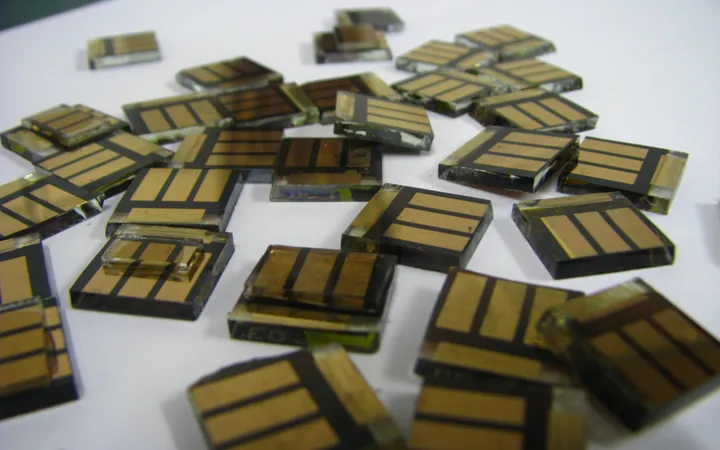 Small experimental perovskite tin solar cells on a tabletop.
