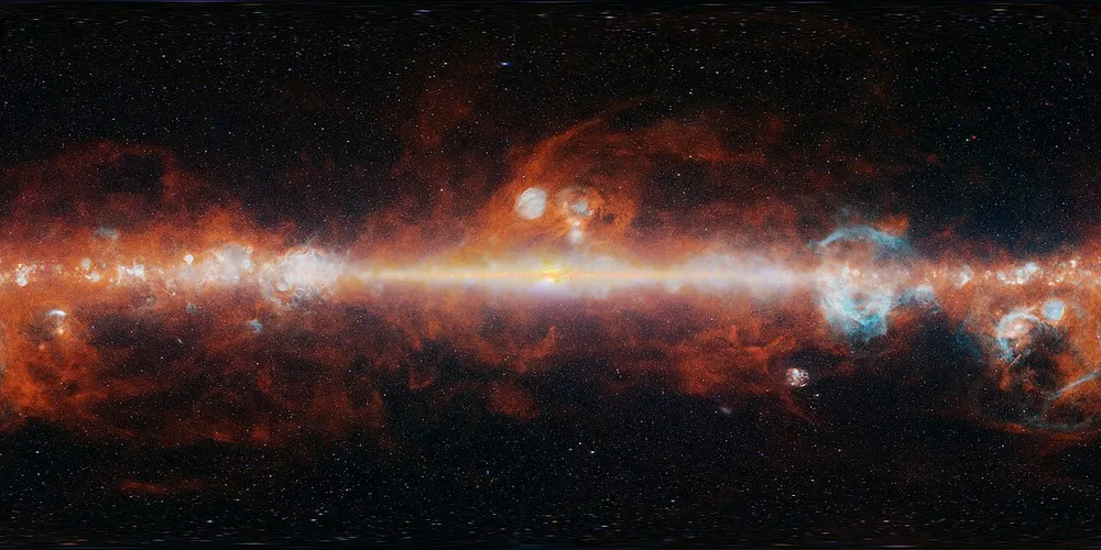 A colorful all-sky mosaic of the Milky Way made from selected SPHEREx infrared measurements.